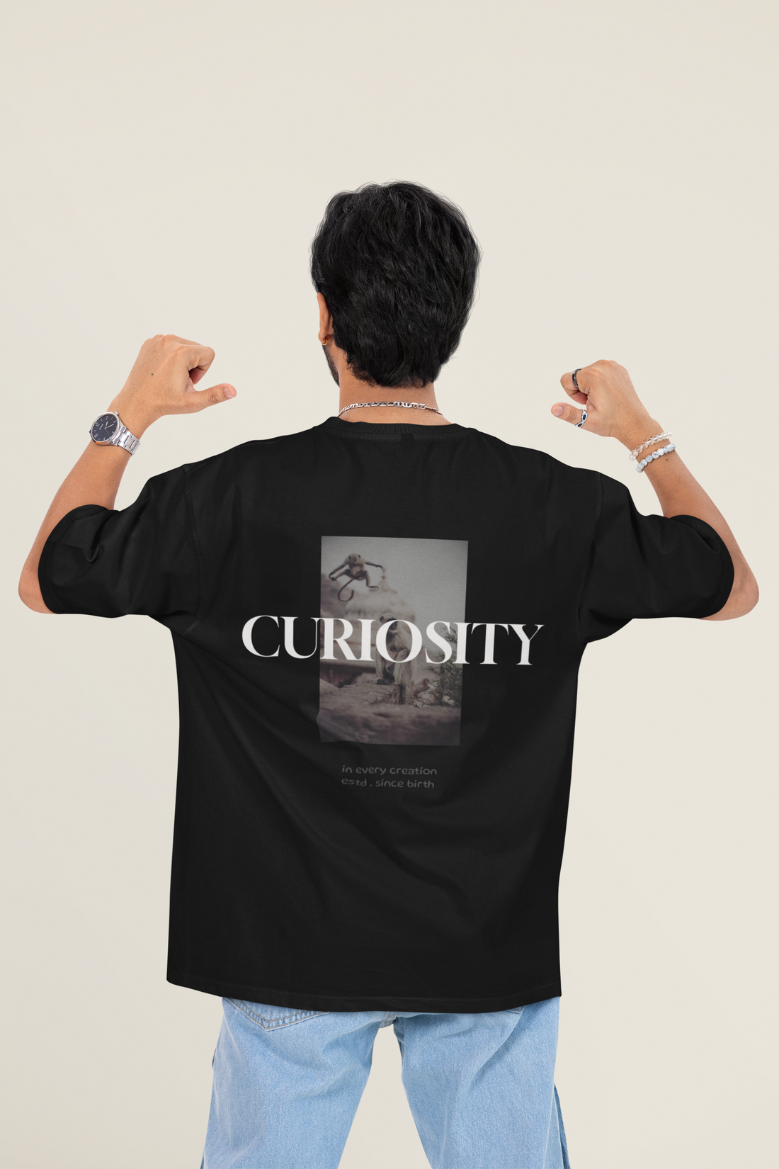 Curiosity Oversized Tee back artwork and print placement by Wondering Minds