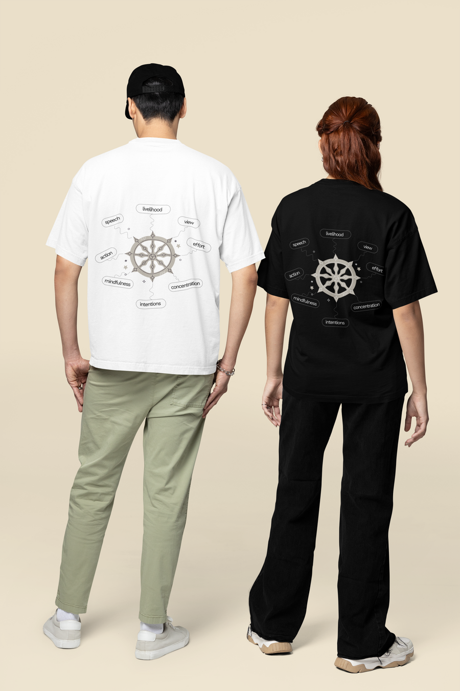 Dharma Chakra Oversized Tee back artwork oversized T-shirt by Wondering Minds