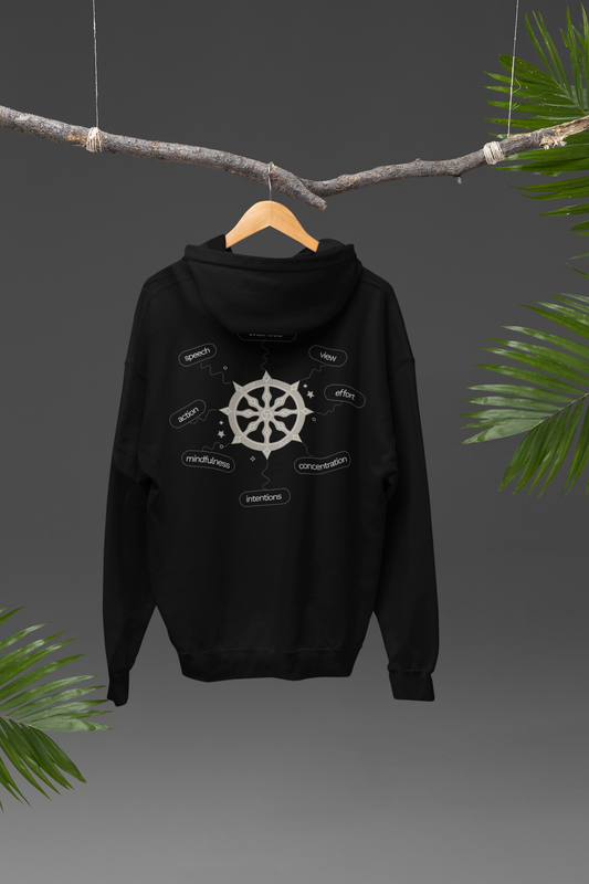 Black hoodie with a white symbol on a dark background