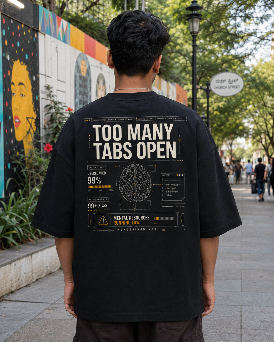 Overthinker Club Oversized Tee back artwork oversized T-shirt by Wondering Minds