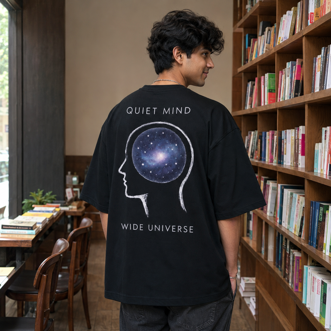 Quiet Mind / Wide Universe Oversized Tee back artwork and print placement by Wondering Minds